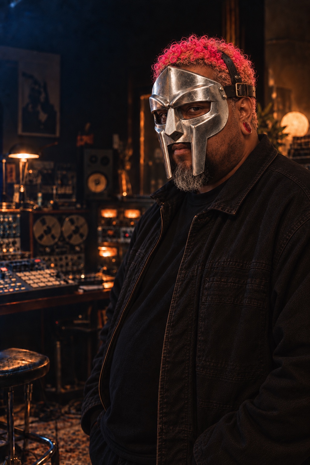 Jay in a dark recording studio, wearing a polished steel mask, with rose curls and a gray-black goatee